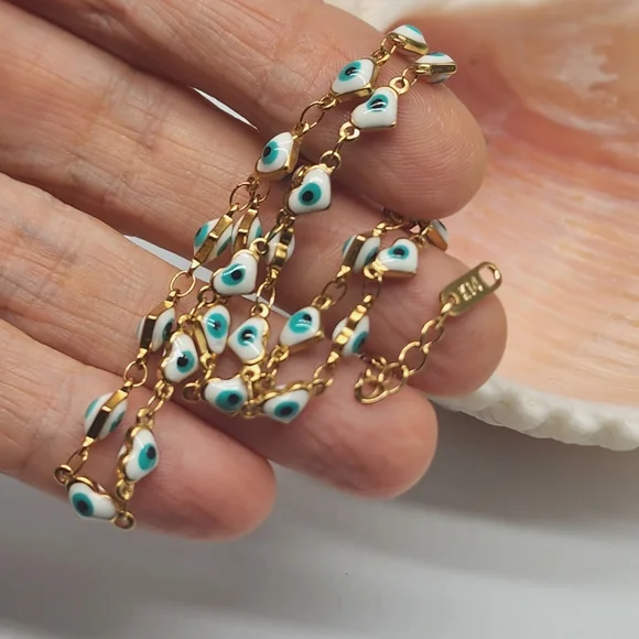 FP Designer Artisan Blue Evil Eye Gold Heart 14k Goldplated Choker Chain